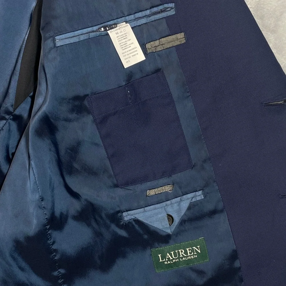 Lauren Ralph Lauren Mens Navy Blue Wool Blend Coolmax Blazer Gold Buttons 48R